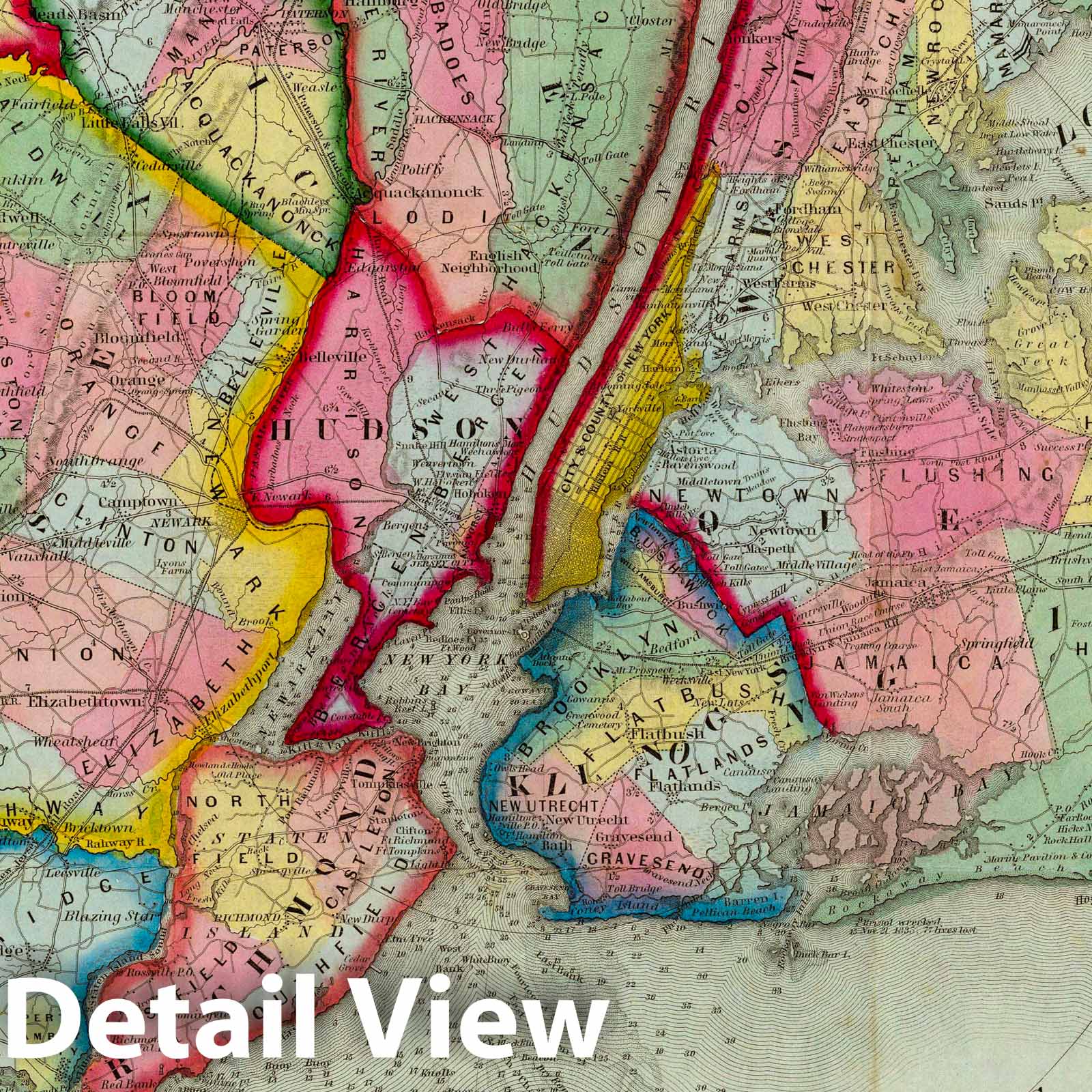 New York City and Vicinity, 33 Miles, 1853 - Historical Map Print