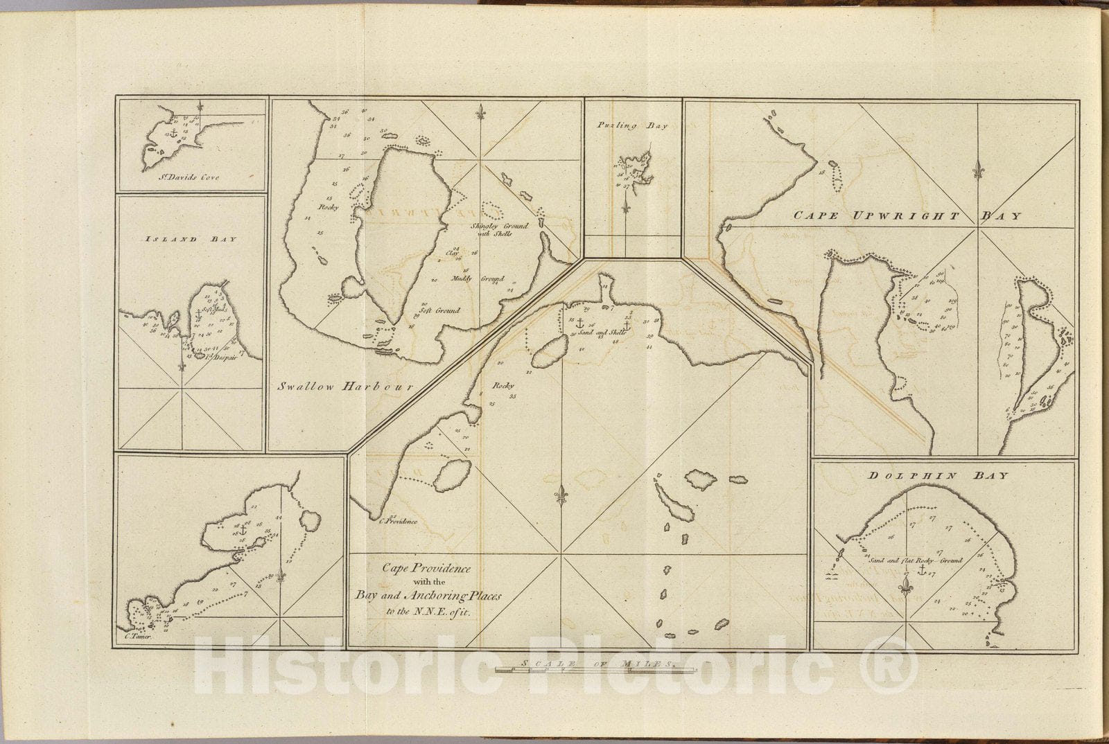Historic Map : Exploration Book, Cape Providence, St. David's Cove, Island Bay, Puzling Bay, Cape Upright Bay, Dolphin Bay. 1773 - Vintage Wall Art
