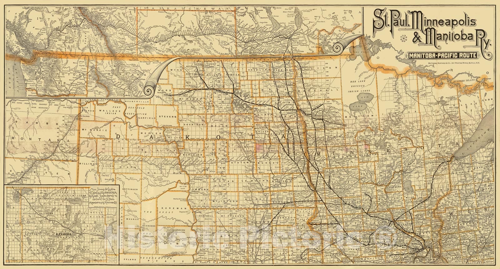 Historic Map - Timetable Map, St. Paul, Minneapolis & Manitoba Ry. 1887 - Vintage Wall Art