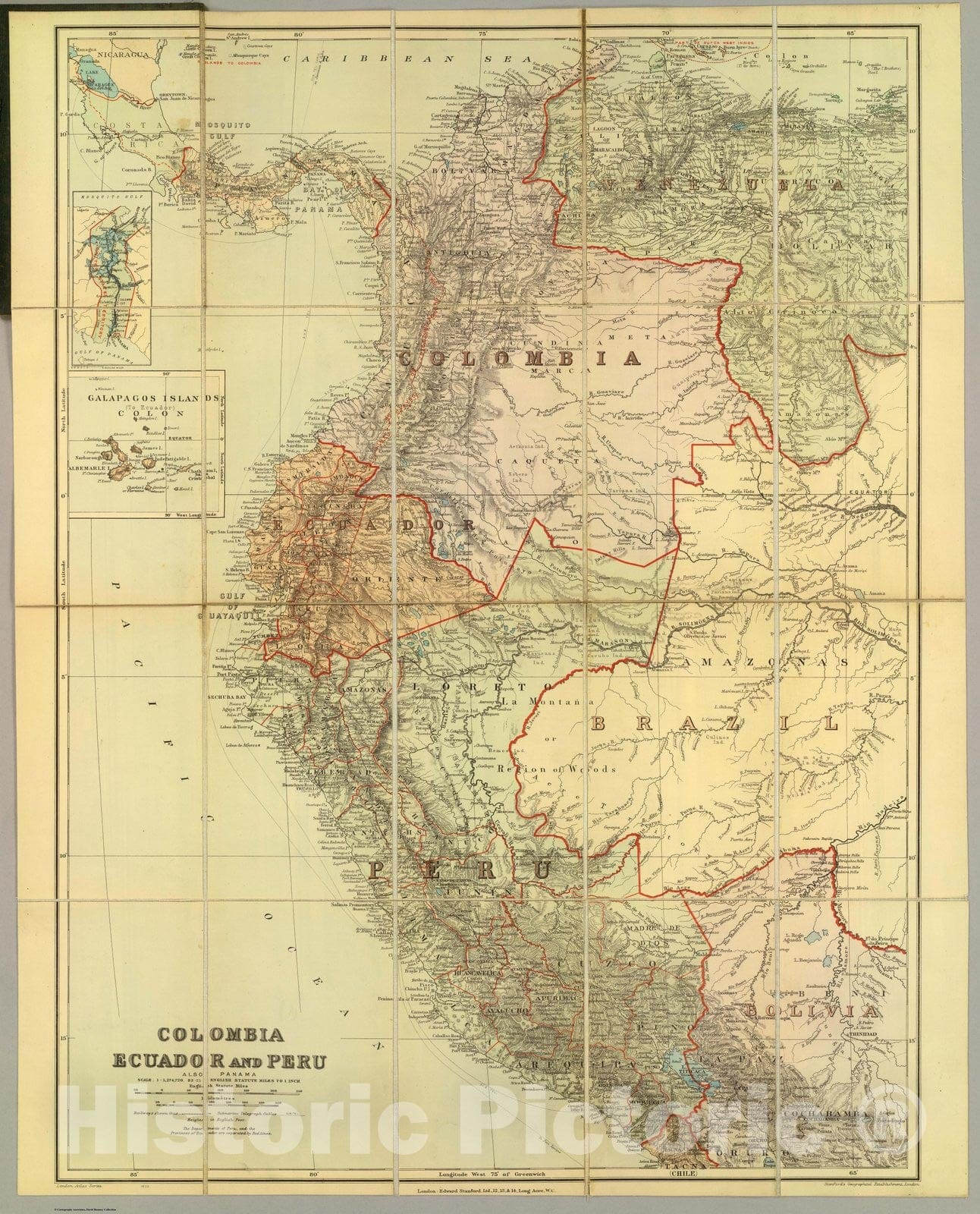 Colombia, Ecuador, Peru & Panama Canal Map 1922 - Historical Map Print