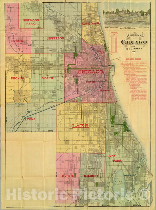 Historic Map : Blanchard's map of Chicago and environs, 1887 - Vintage Wall Art