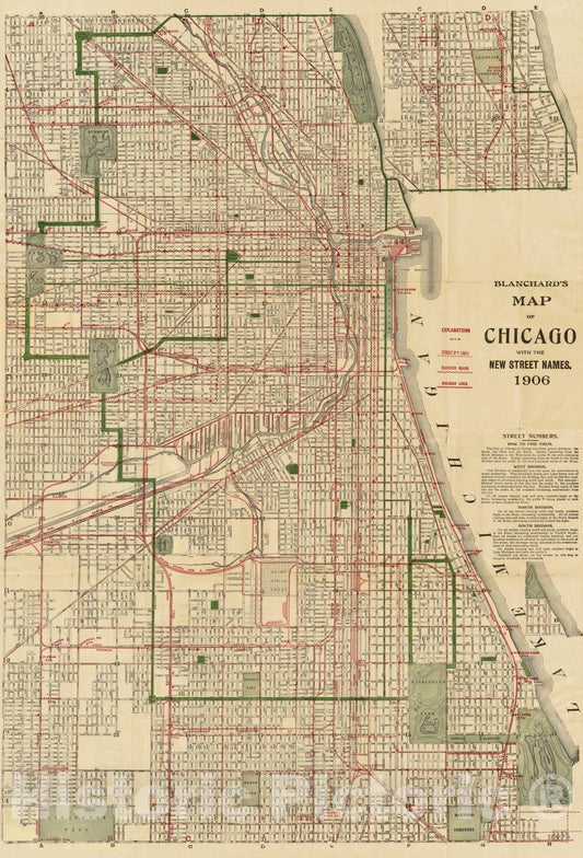 Historic Map - Blanchard's map of Chicago, 1906, - Vintage Wall Art