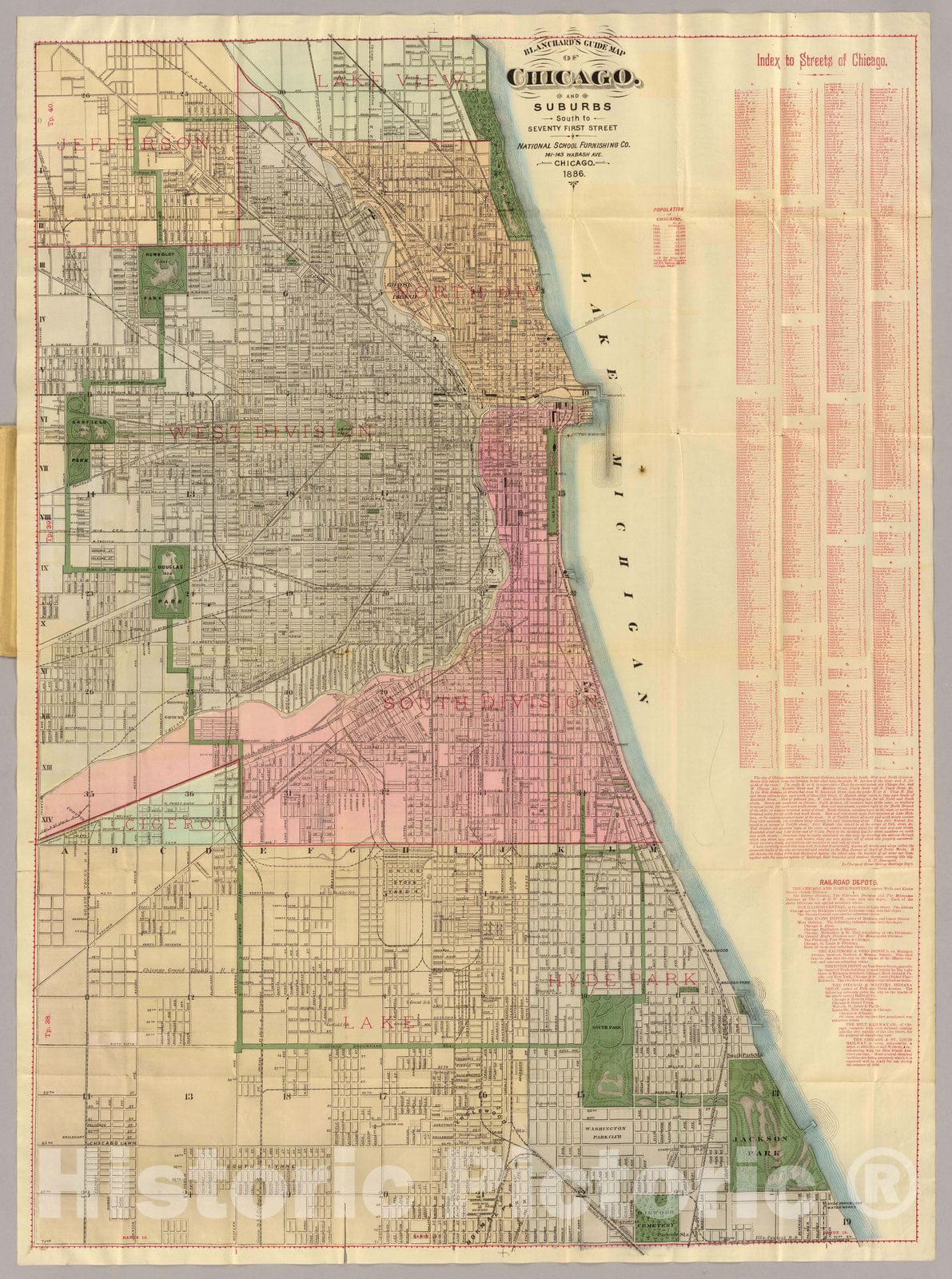 Chicago and Suburbs - Railroad Map, 1886 - Historical Map Print