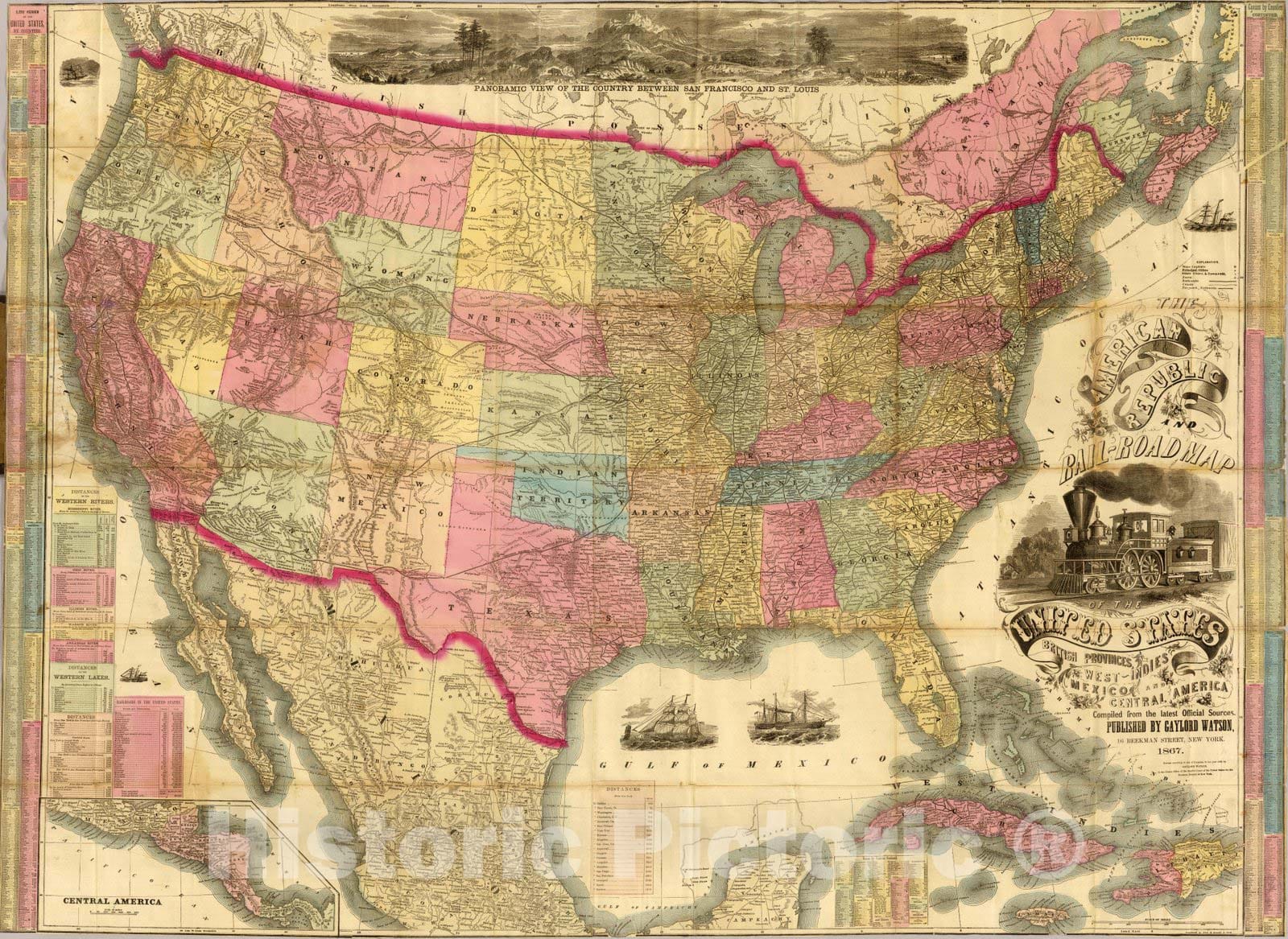 United States, British Provinces, Mexico, Central America - Railroad Map, 1867
