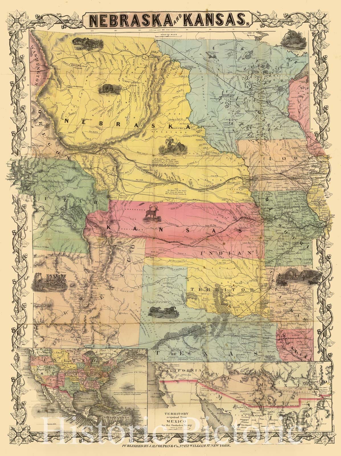Historic Wall Map : Pocket Map, Nebraska And Kansas. 1855 - Vintage Wall Art
