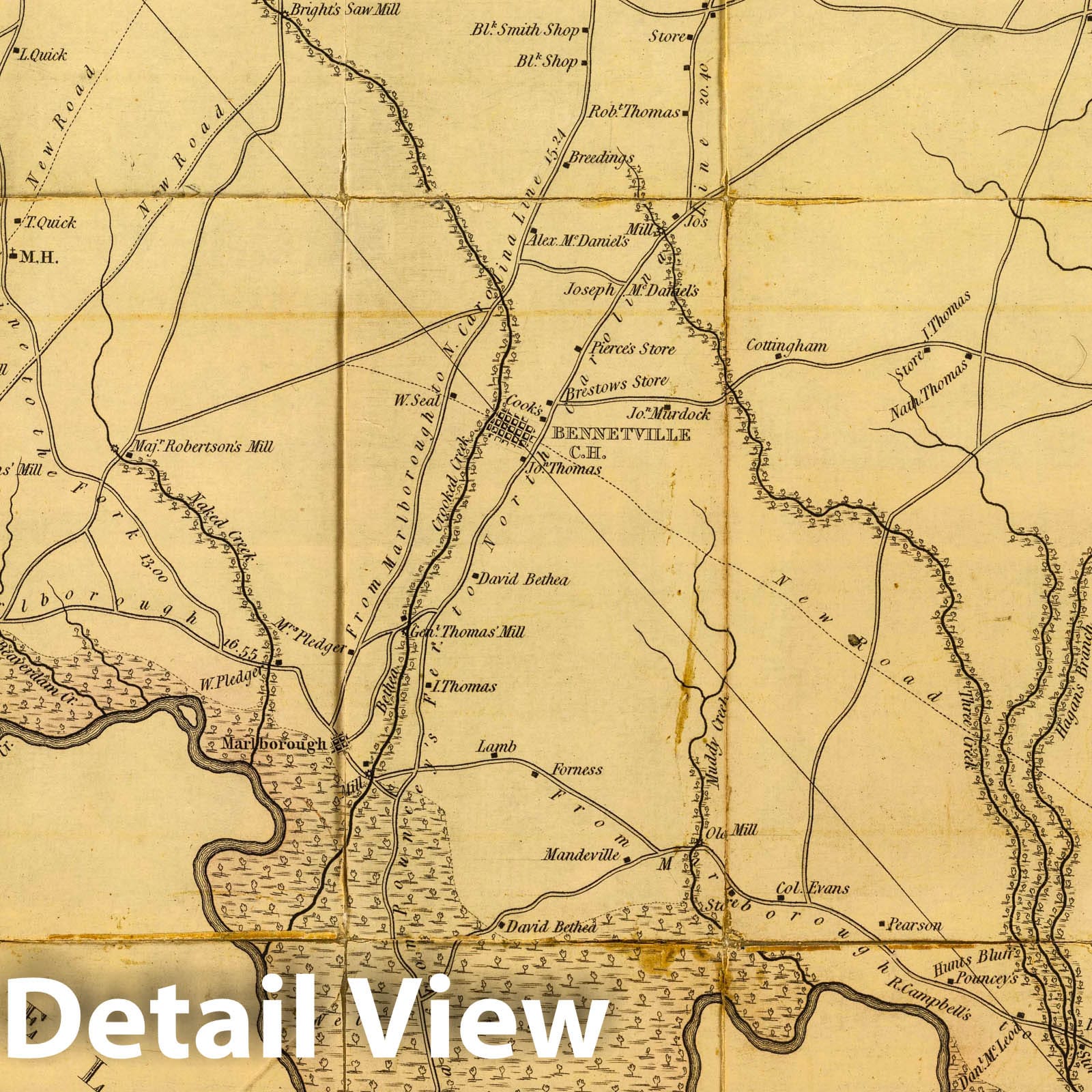Marlborough District, South Carolina - Road Map, 1825 - Historical Map Print