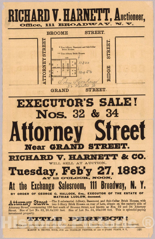Historic Map : Broadside, Attorney Street near Grand Street. 1883 - Vintage Wall Art