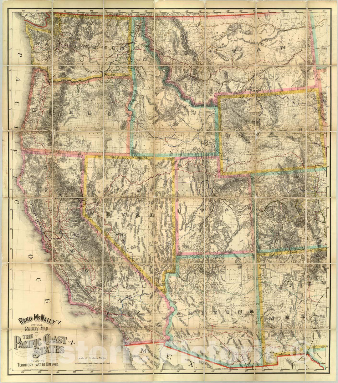 Historic Map : Rand - McNally official Railway Map of The Pacific Coast States Including Territory East To Denver, 1901 - Vintage Wall Art