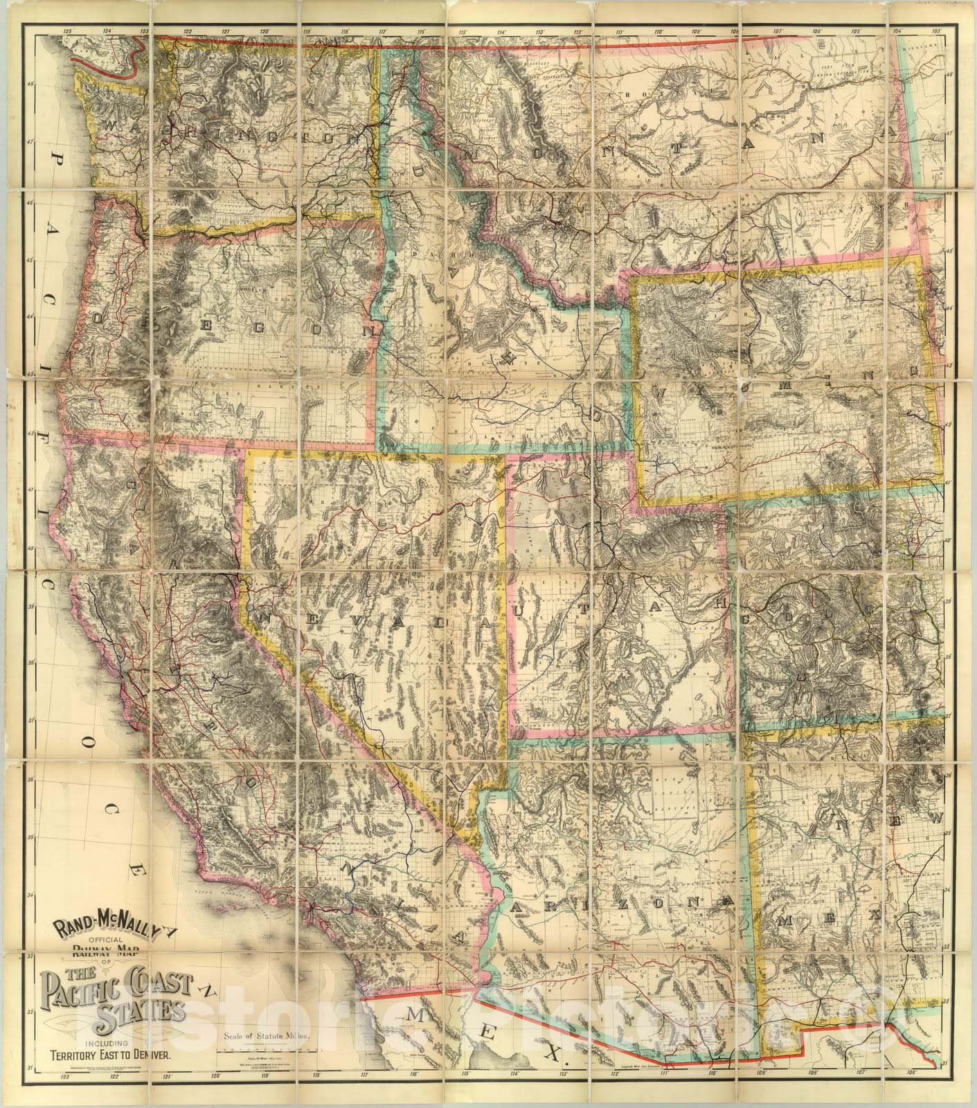 Historic Map : Rand - McNally official Railway Map of The Pacific Coast States Including Territory East To Denver, 1901 - Vintage Wall Art