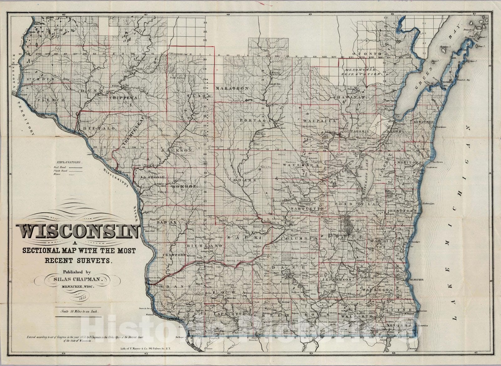 Historic Wall Map : Wisconsin, A Sectional Map, 1855 - Vintage Wall Art