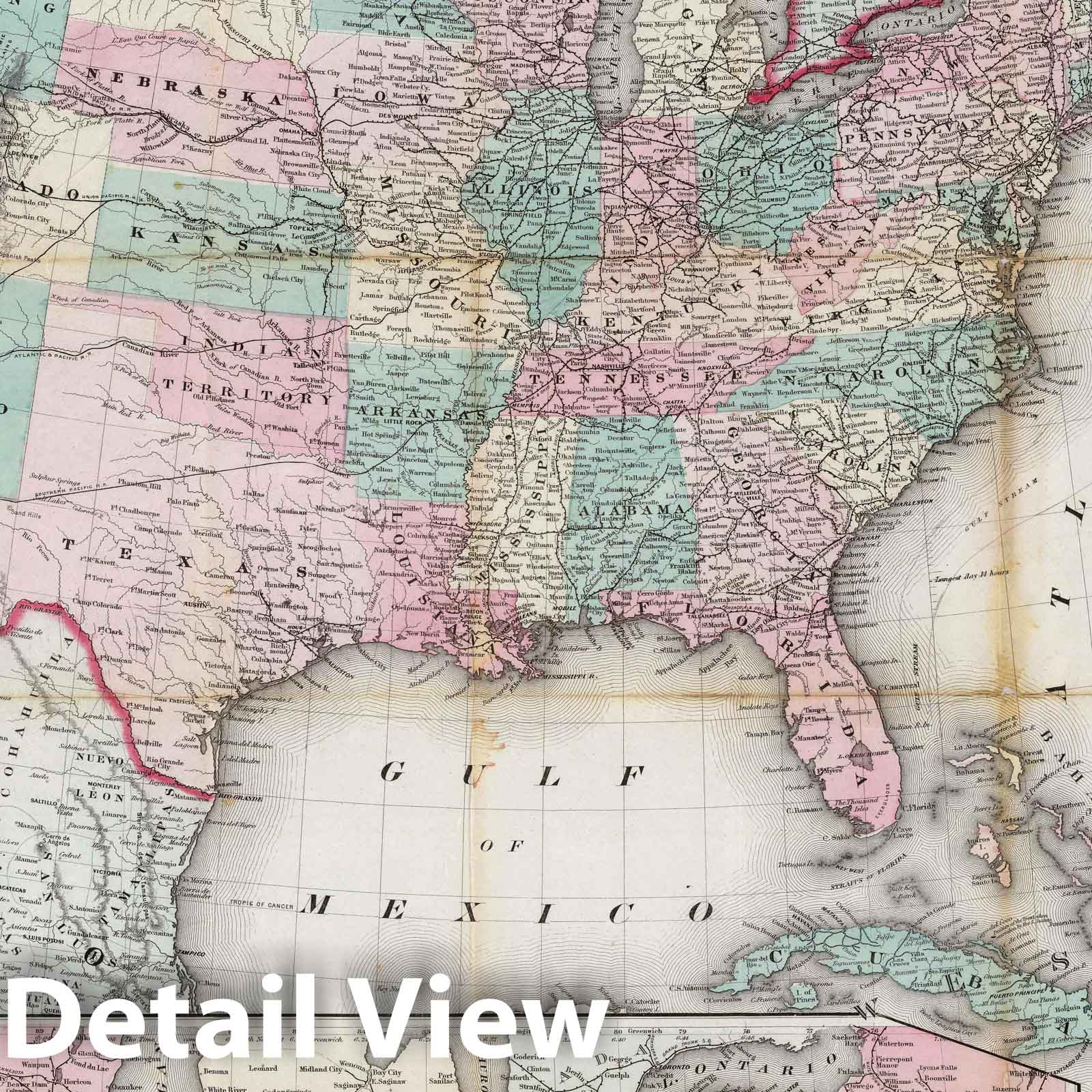 United States and Canada Railroad Map, 1869 - Colton Historical Print