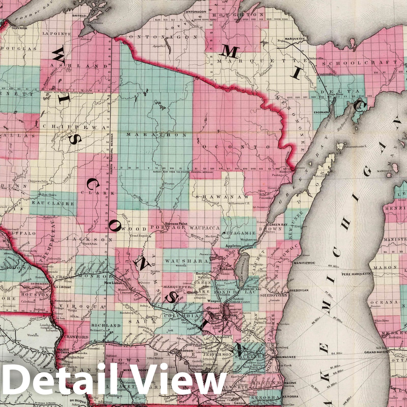 Michigan, Wisconsin and Minnesota - Railroad Map, 1869 - Historical Print