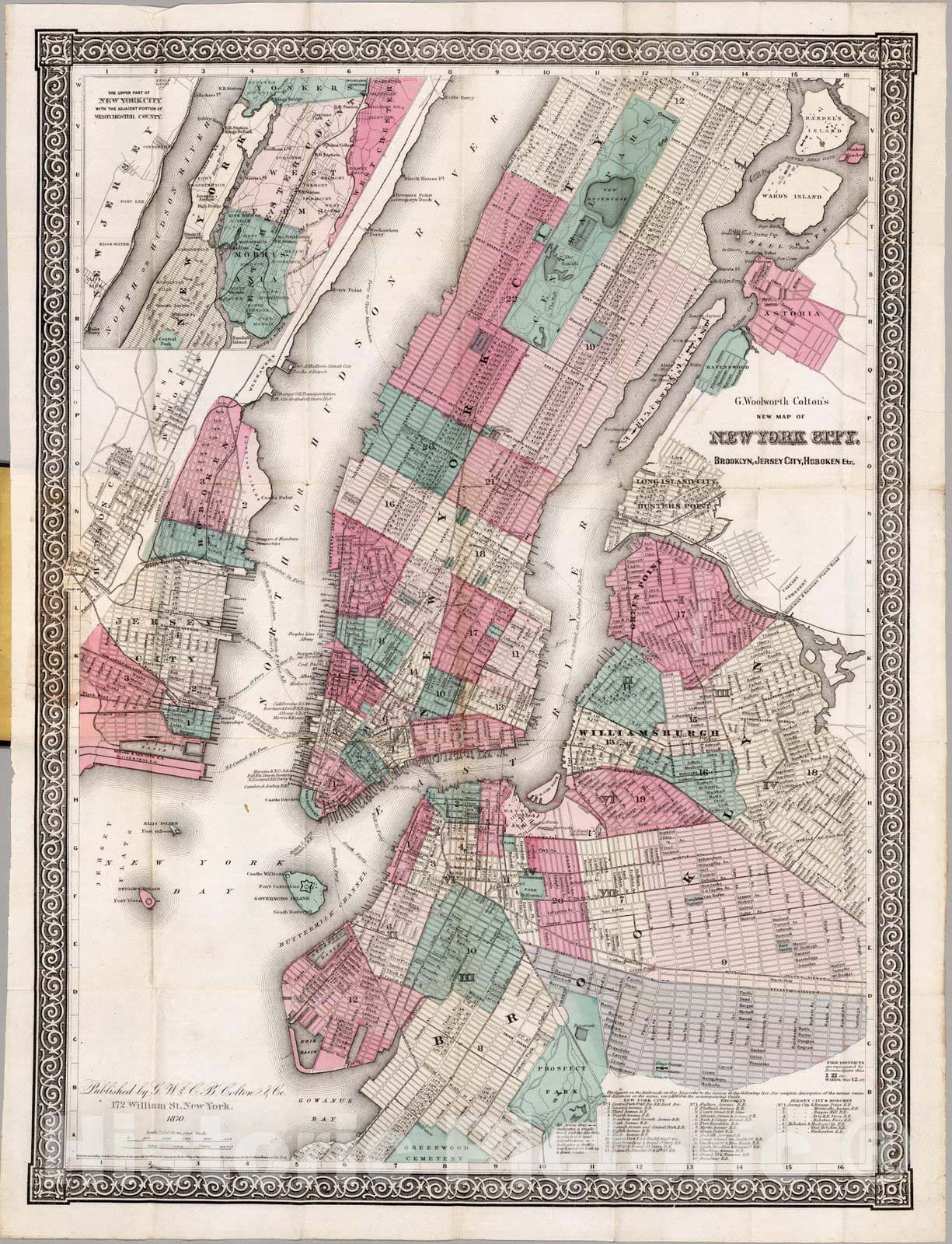 New York City, Brooklyn, Jersey City, and Hoboken, 1870 Historical Map Print