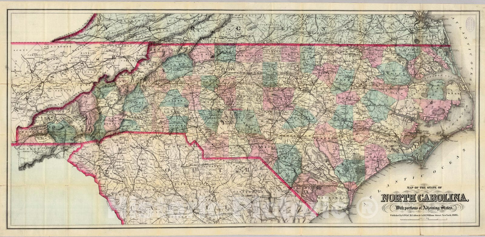 North Carolina with Adjoining States, 1886 - Historical Map Print