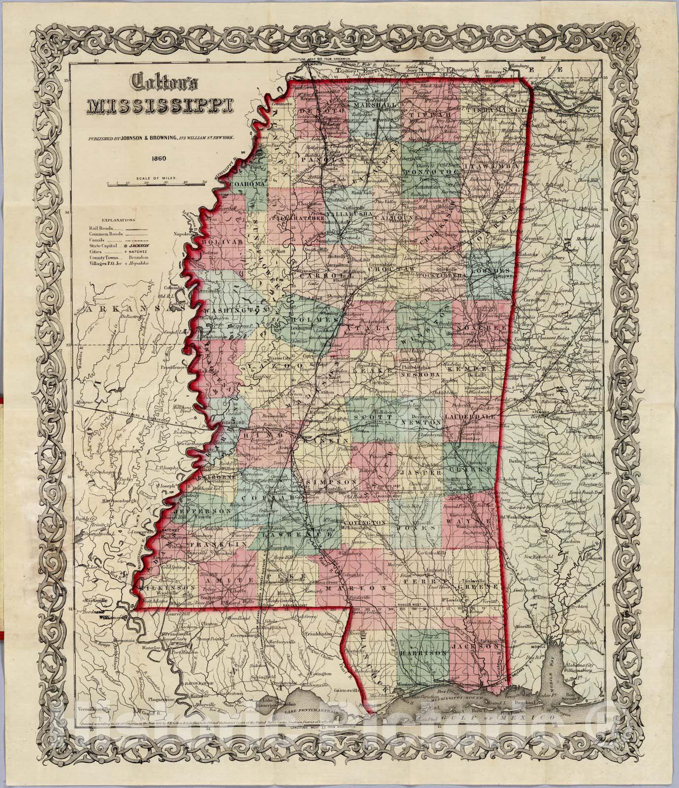 Historic Map : Pocket Map, Mississippi 1860 - Vintage Wall Art