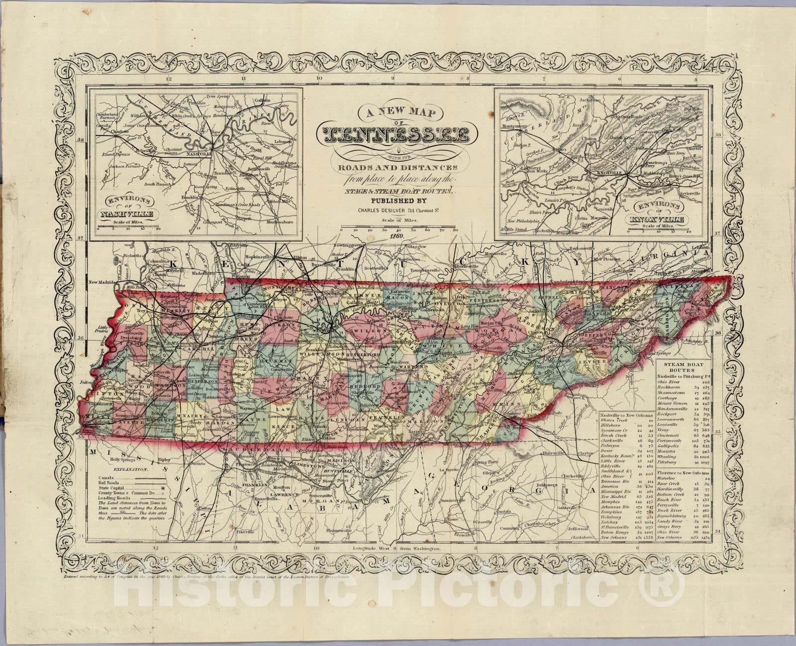 Historic Map : Map of Tennessee, 1860 - Vintage Wall Art