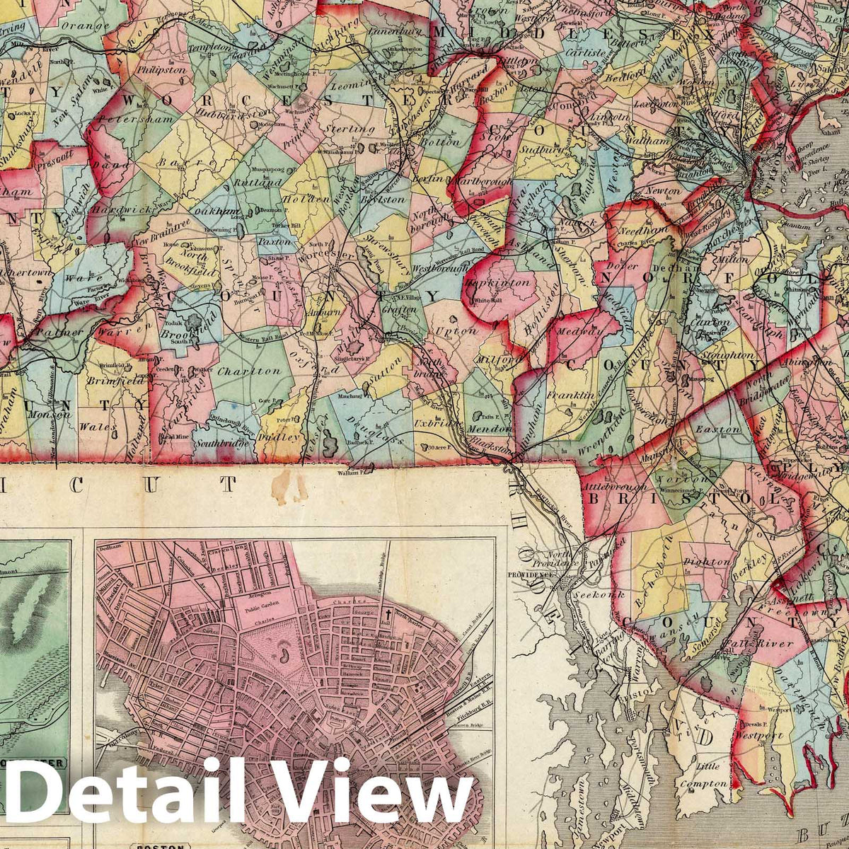 Massachusetts with City Insets: Salem, Springfield, Worcester, Lowell, Boston - Railroad Map, 1866