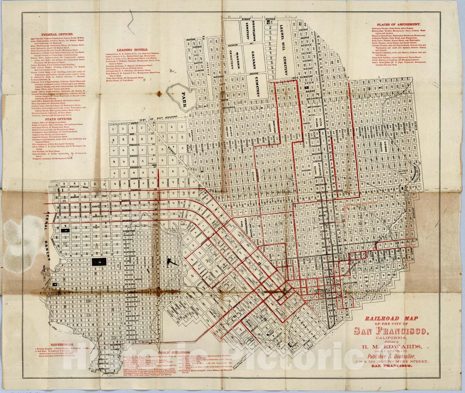 Historic Map : San Francisco (Calif), California, Pocket Map, San Francisco, California 1874 , Vintage Wall Art