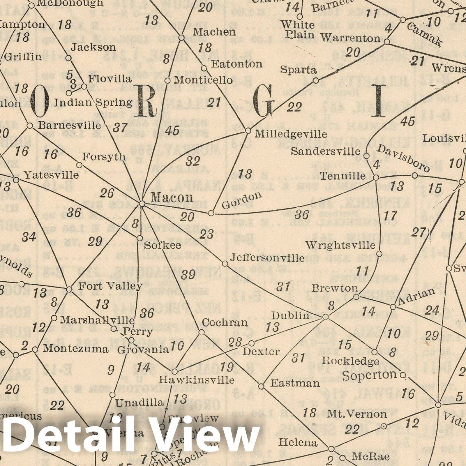 Georgia - Railroad Map, 1934 - Historical Railway Distance Map Print