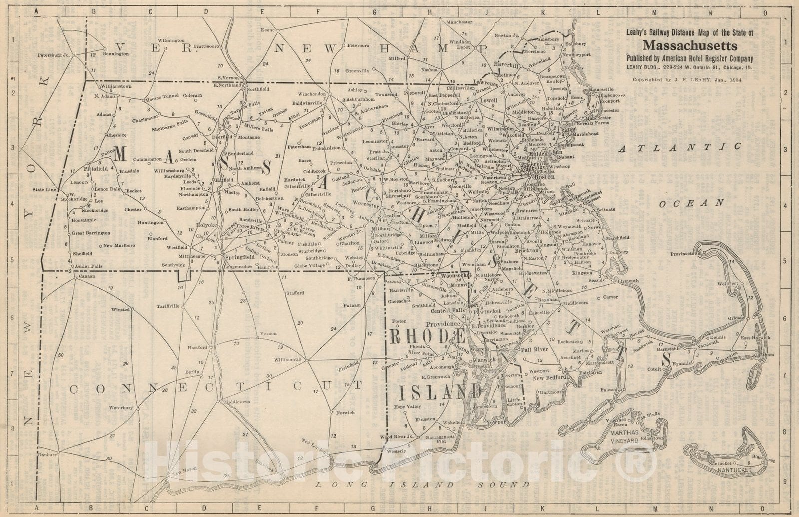 Historic Map : Railway Distance Map of the State of Masschusetts, 1934 - Vintage Wall Art