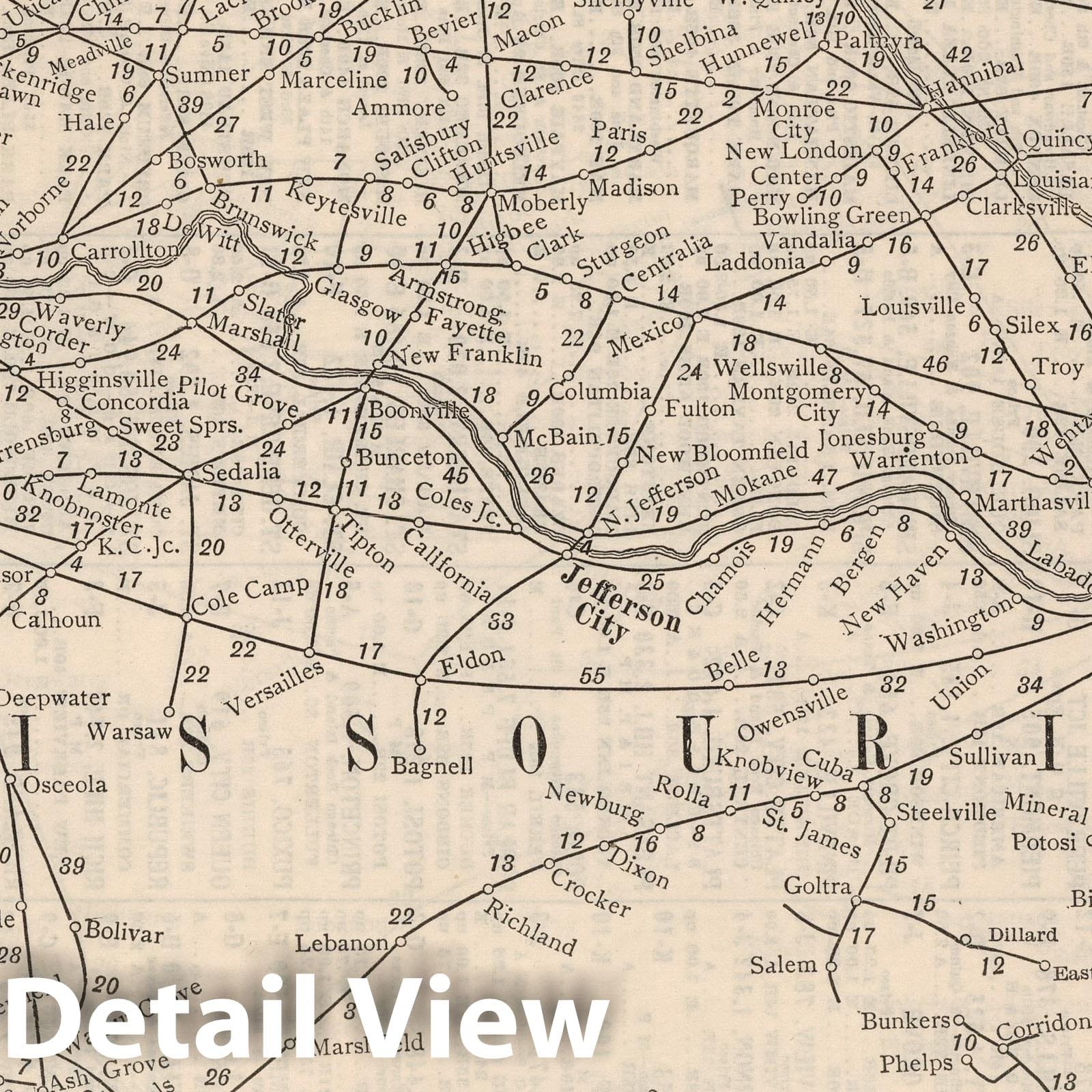 Missouri - Railroad Map, 1934 - Historical Railway Distance Map Print