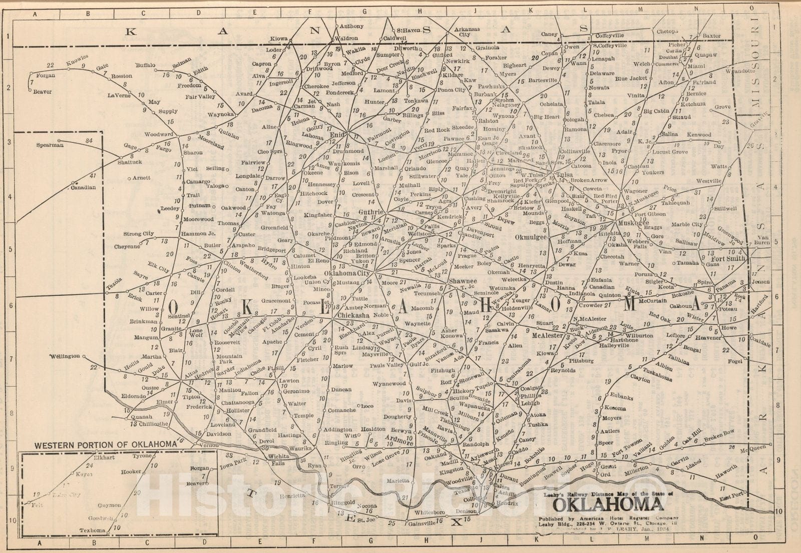 Historic Map : Railway Distance Map of the State of Oklahoma, 1934 - Vintage Wall Art
