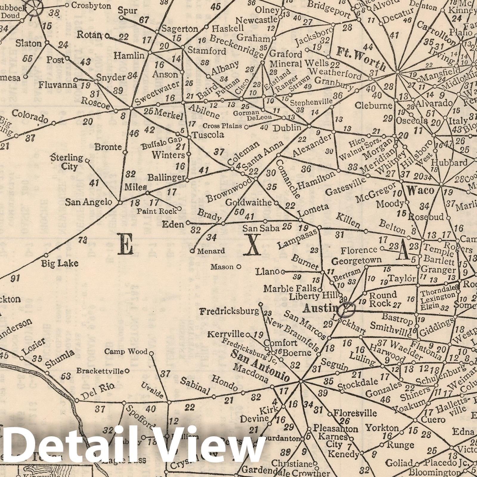 Texas - Railroad Map, 1934 - Leahy's Hotel Guide Railway Distance Map