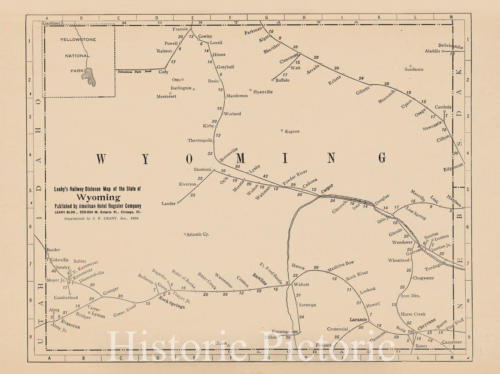 Historic Map : Railway Distance Map of the State of Wyoming, 1934 - Vintage Wall Art