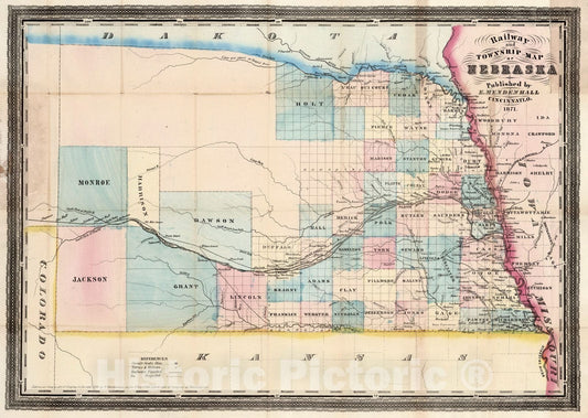Nebraska - Railroad Map, 1871 - Historical Map Print