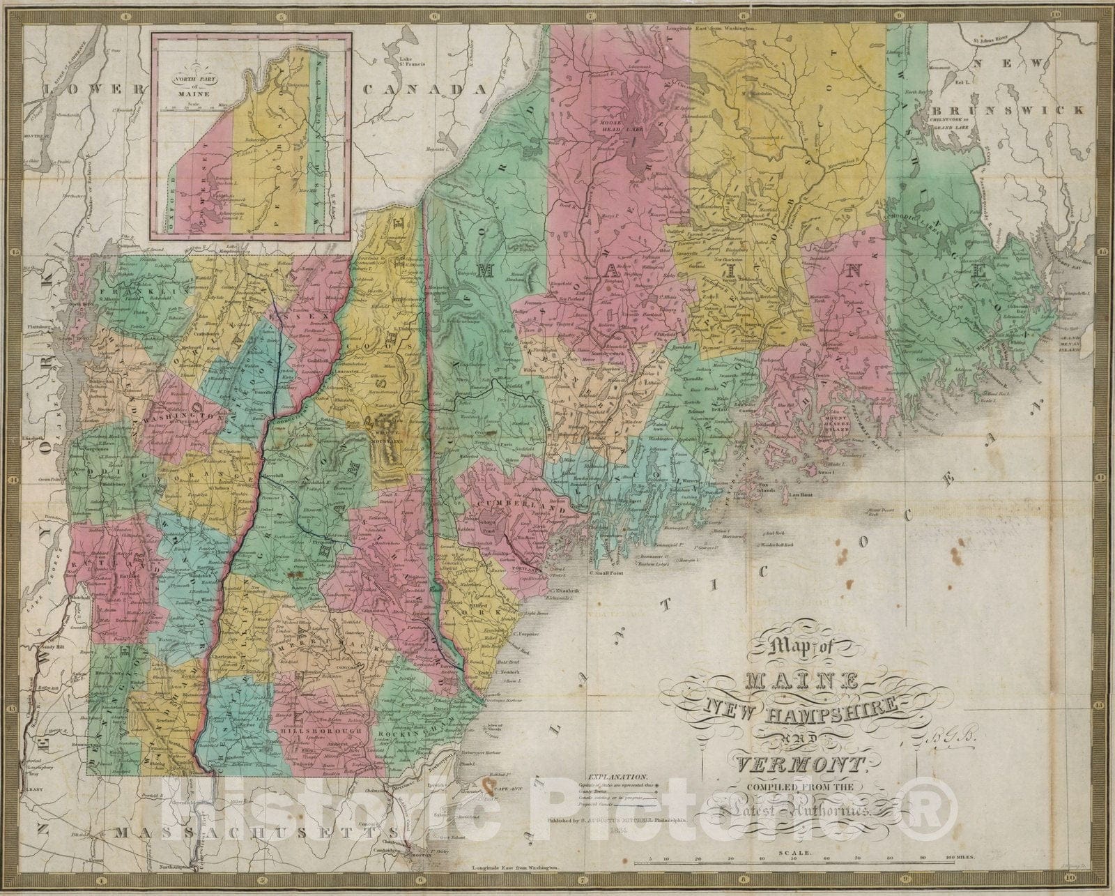 Historic Map : Pocket Map, Maine New Hampshire And Vermont 1834 - Vintage Wall Art