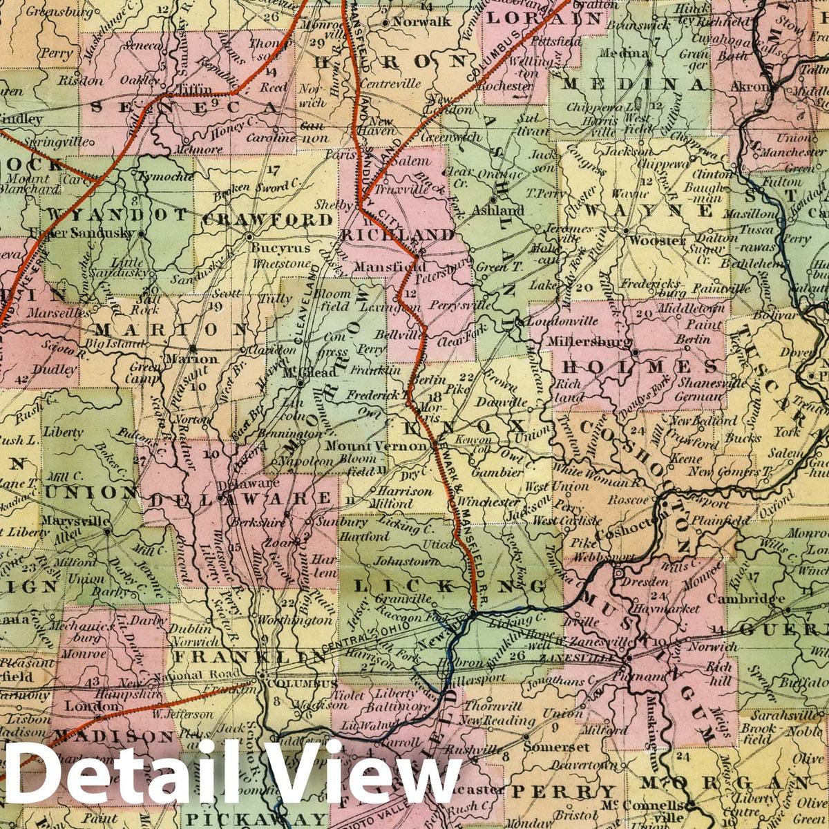 Ohio - Road Map, 1851 - Hand-Colored Historical Map Print