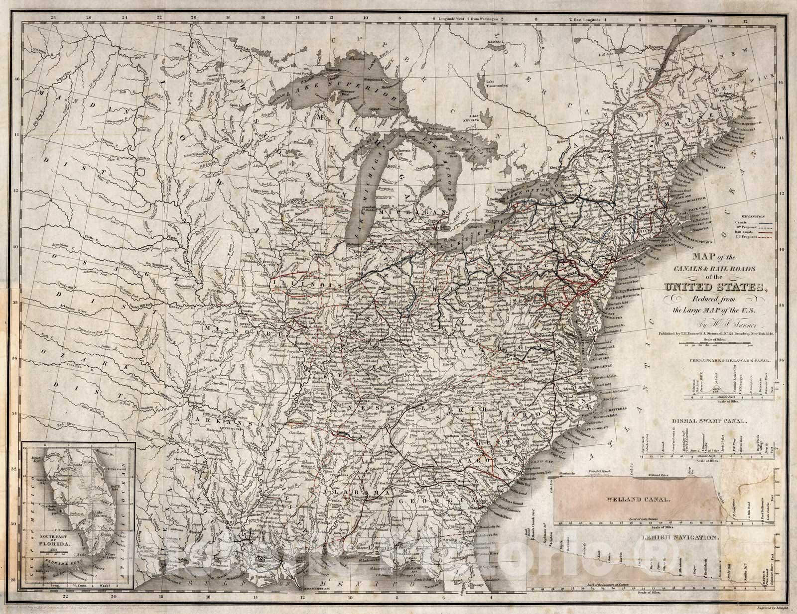 Historic Wall Map : Map of the canals & railroads of the United States, 1840 - Vintage Wall Art