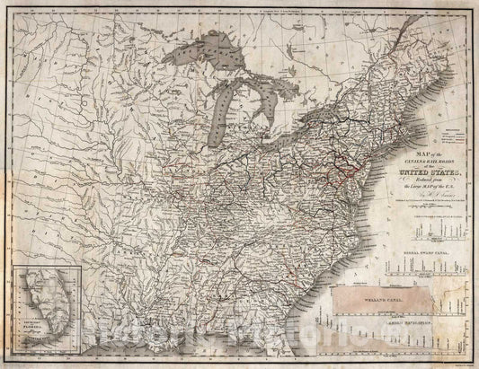 Historic Wall Map : Map of the canals & railroads of the United States, 1840 - Vintage Wall Art