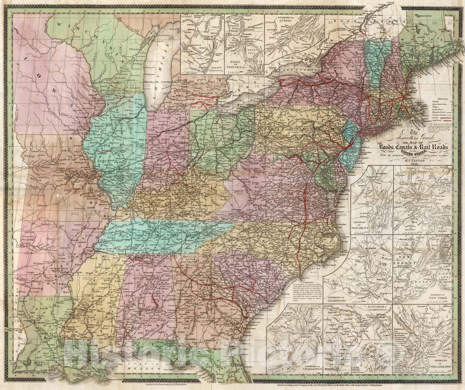 Historic Map : Map of the Roads, Canals & Rail Roads of The United States, 1844 - Vintage Wall Art