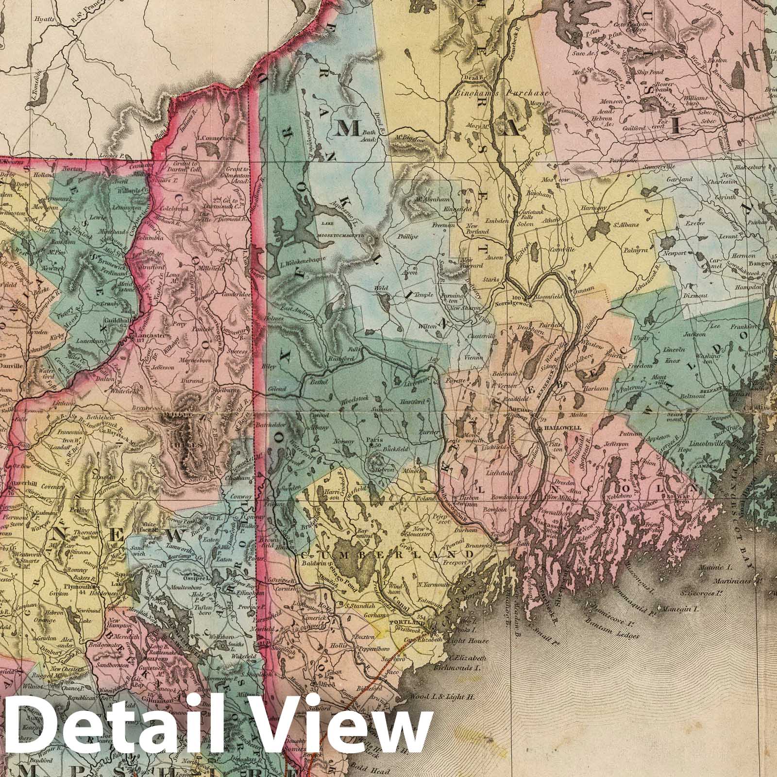 Maine, New Hampshire, Vermont, Massachusetts, Connecticut, Rhode Island - Railroad Map, 1847