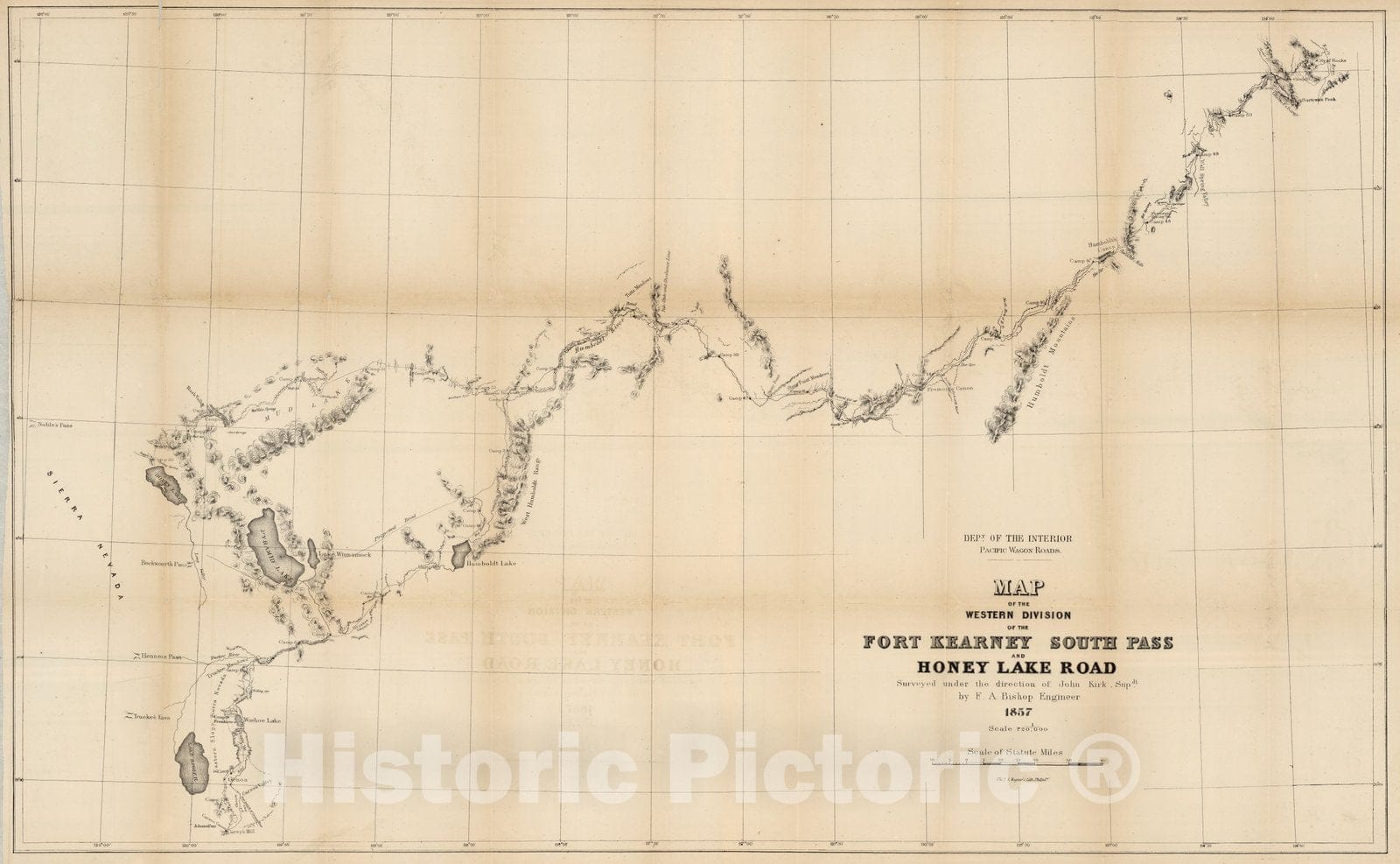 Fort Kearney South Pass and Honey Lake Road, Nevada, 1857 - Historical Map Print