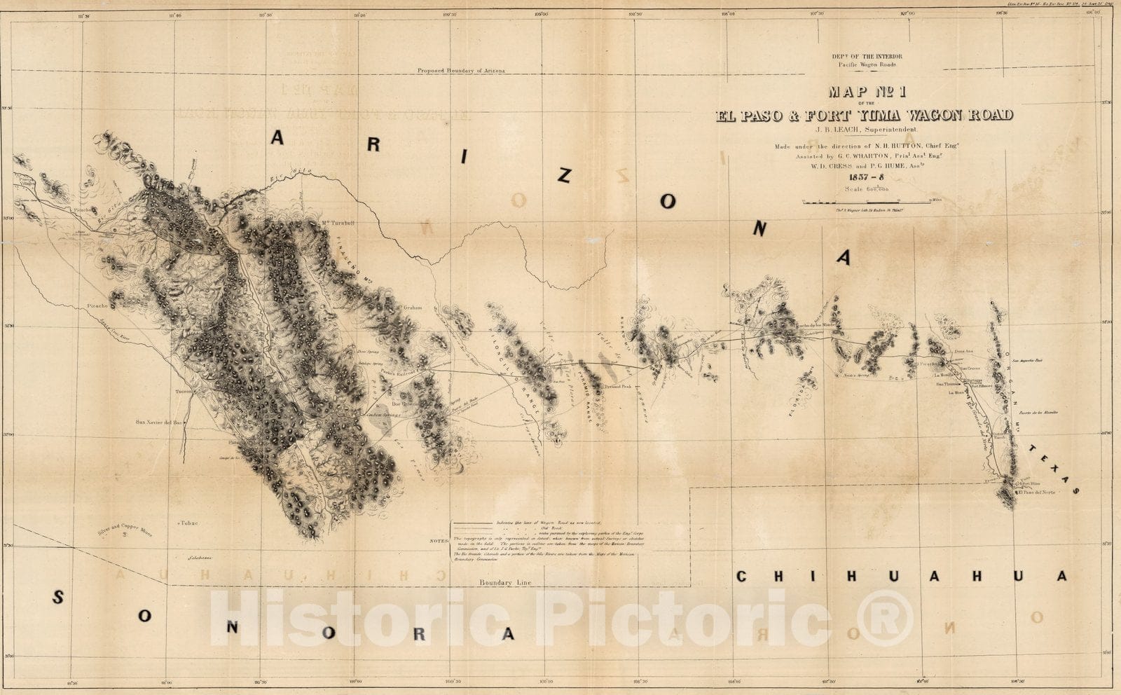 El Paso to Fort Yuma Wagon Road, Arizona - Historical Map Print, 1858