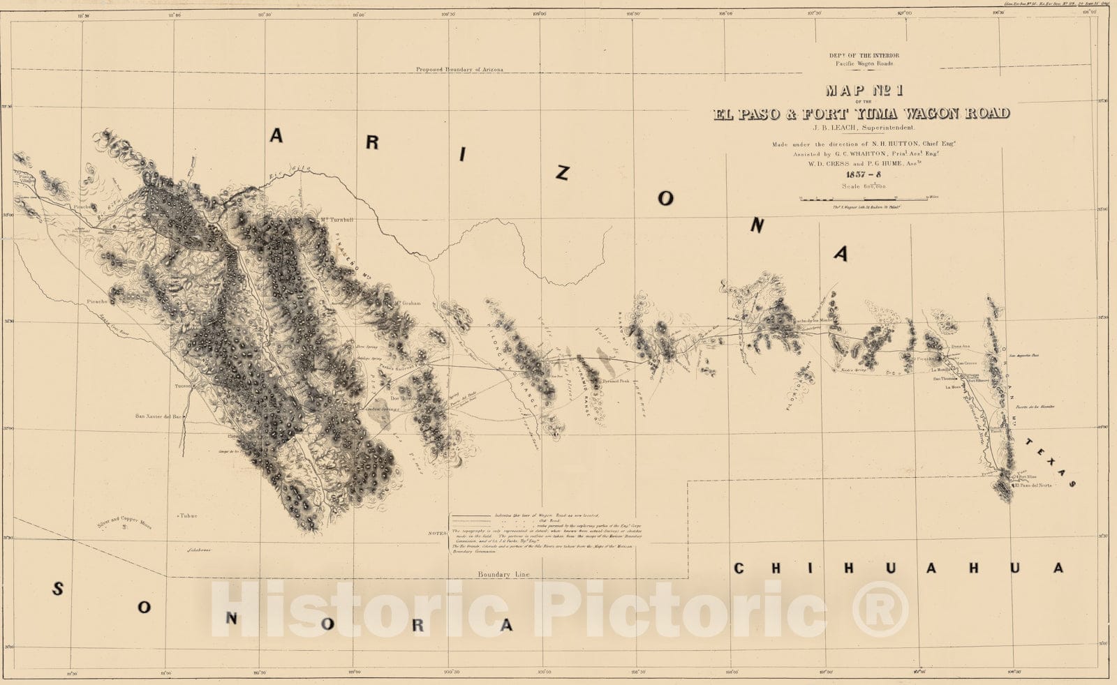 Historic Map - Map No. 1 of the El Paso & Fort Yuma Wagon Road, 1858, - Vintage Wall Art