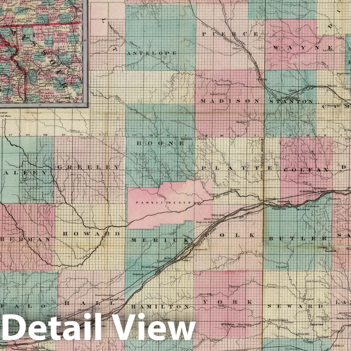 Nebraska - Railroad Map, 1872 - Historical Map Print