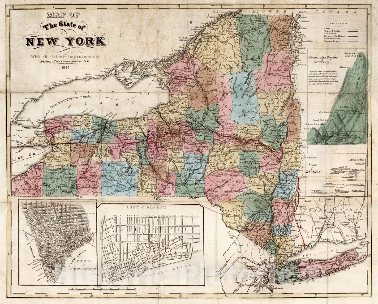 Historic Map : Map of The State of New York With the Latest Improvements, 1845 - Vintage Wall Art