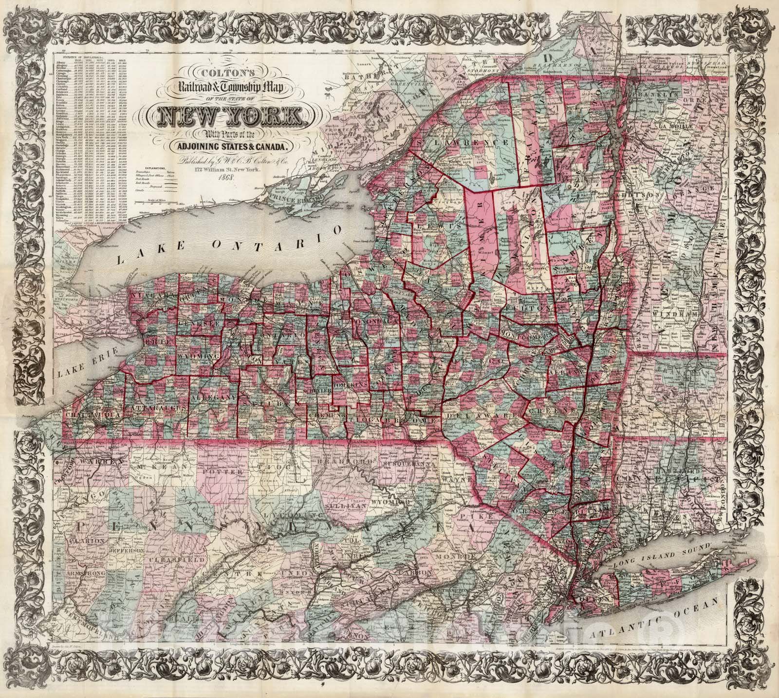 Historic Map : Pocket Map, State of New York 1868 - Vintage Wall Art