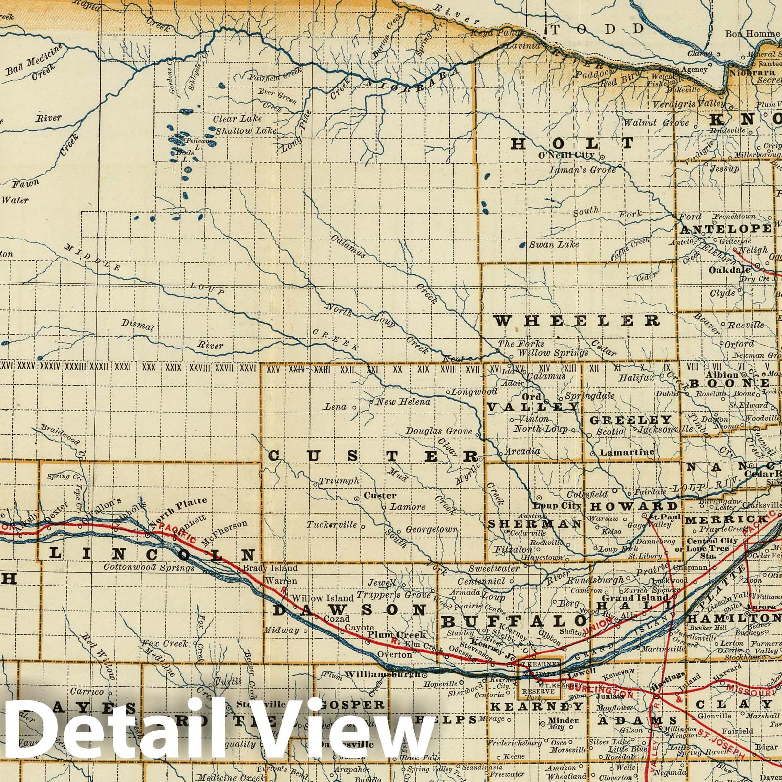 Nebraska - Railroad Map, 1879 - Historical Map Print