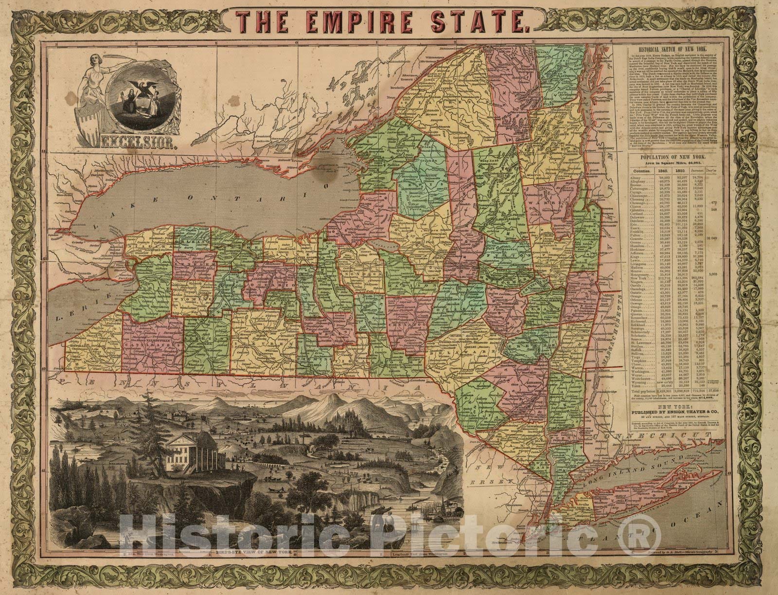 Historic Map : Wall Map, The Empire State, New York 1851 - Vintage Wall Art
