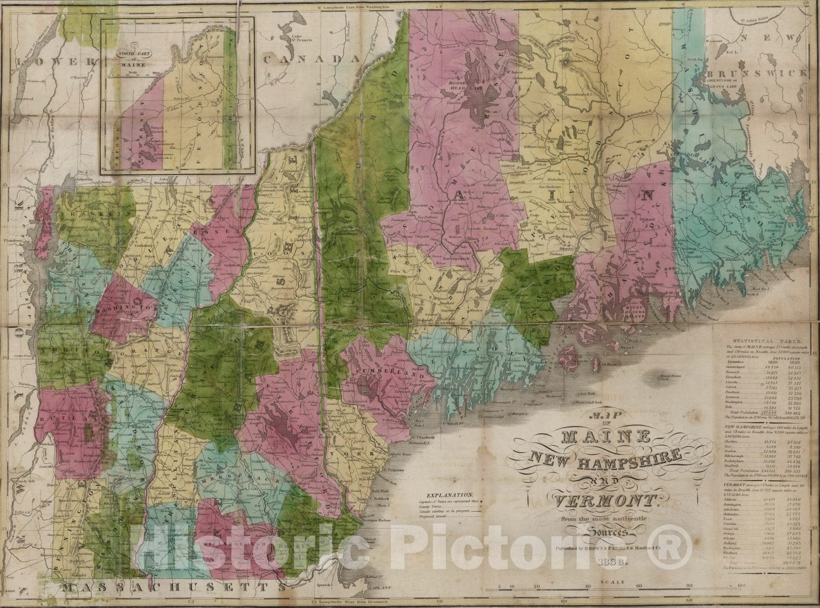 Historic Map : Map of Maine, New Hampshire And Vermont, 1838 - Vintage Wall Art