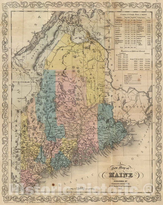 Maine, 1857 - Historical Map Print by Charles DeSilver