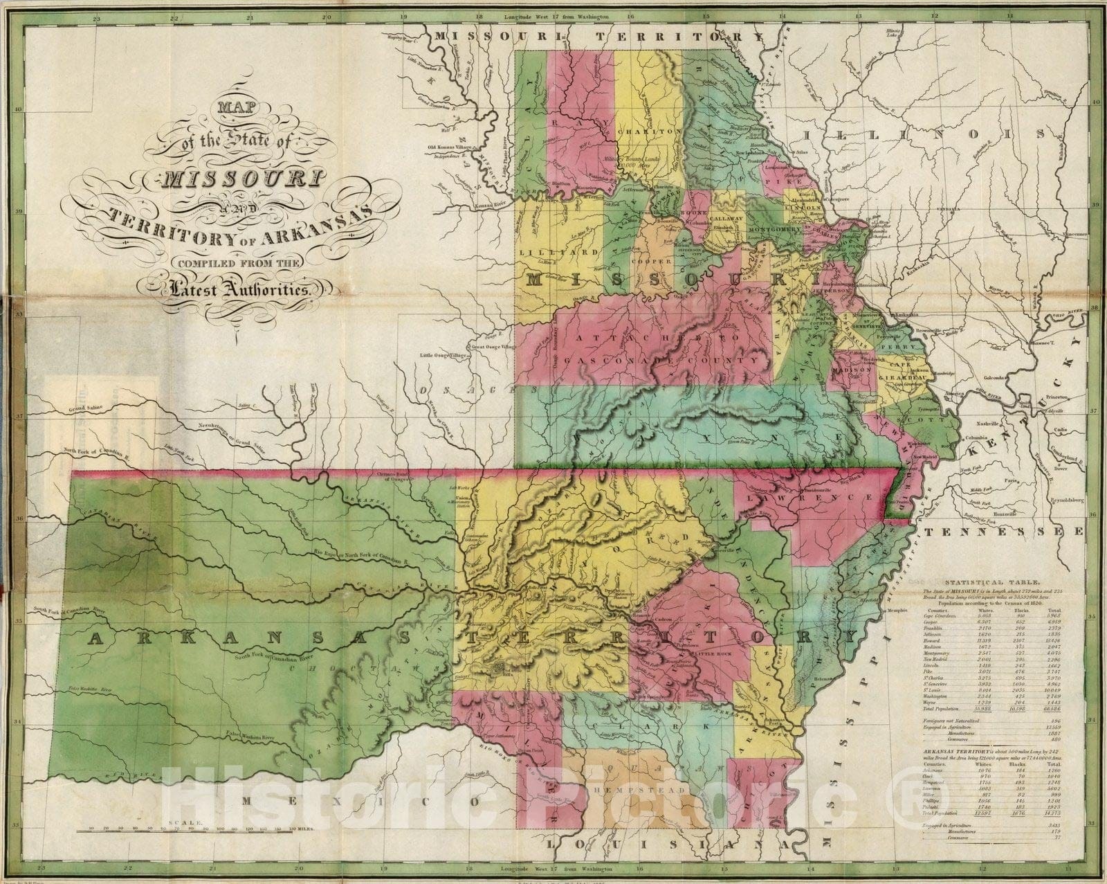 Missouri and Territory of Arkansas, 1826 - Historical Map Print