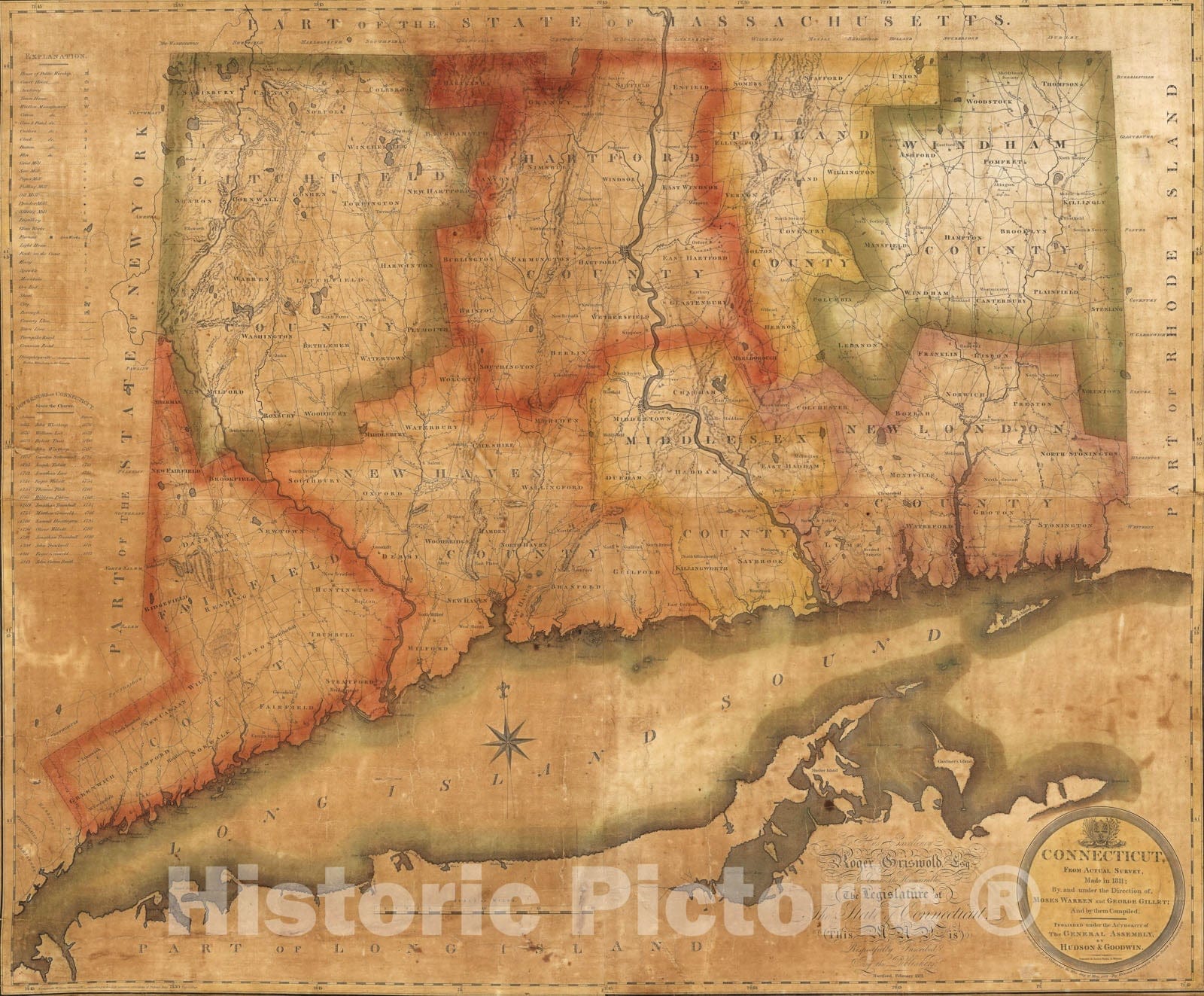 Historic Map - Wall Map, Connecticut, From Actual Survey 1813 - Vintage Wall Art