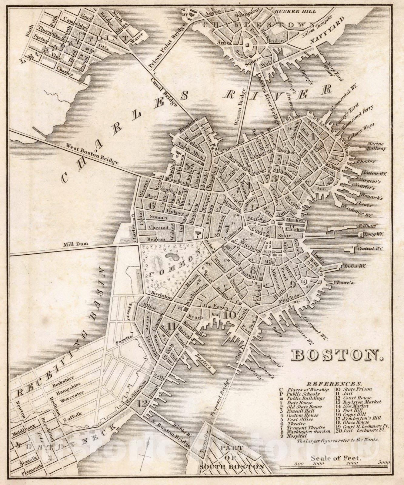Boston and United States - Roads, Canals, and Railways, 1842 - Historical Map Print