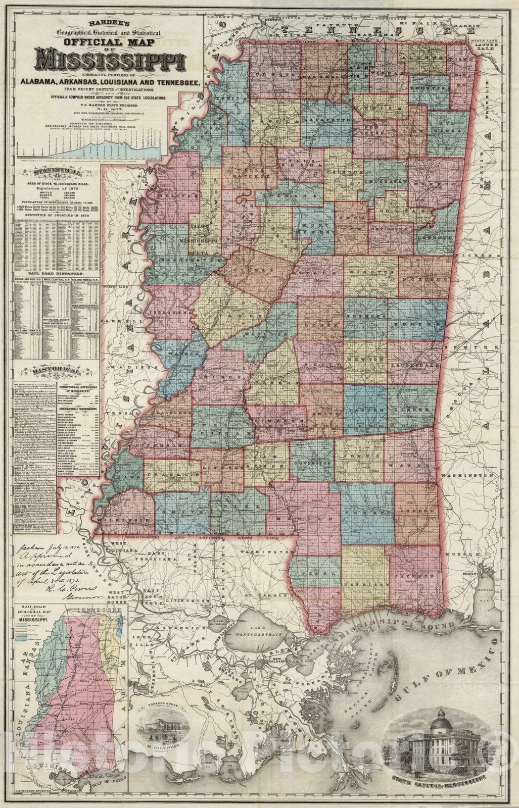 Historic Map : Pocket Map, Mississippi Embracing Portions of Alabama, Arkansas, Louisiana And Tennessee 1872 - Vintage Wall Art