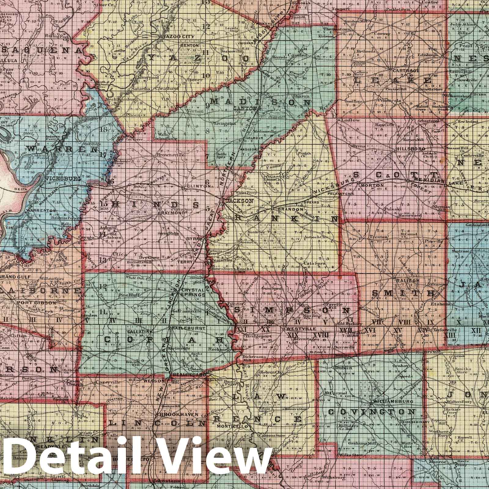 Mississippi, Alabama, Arkansas, Louisiana, Tennessee - Railroad Map, 1872